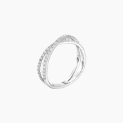 Moissanite crisscross ring in white gold vermeil, side view.