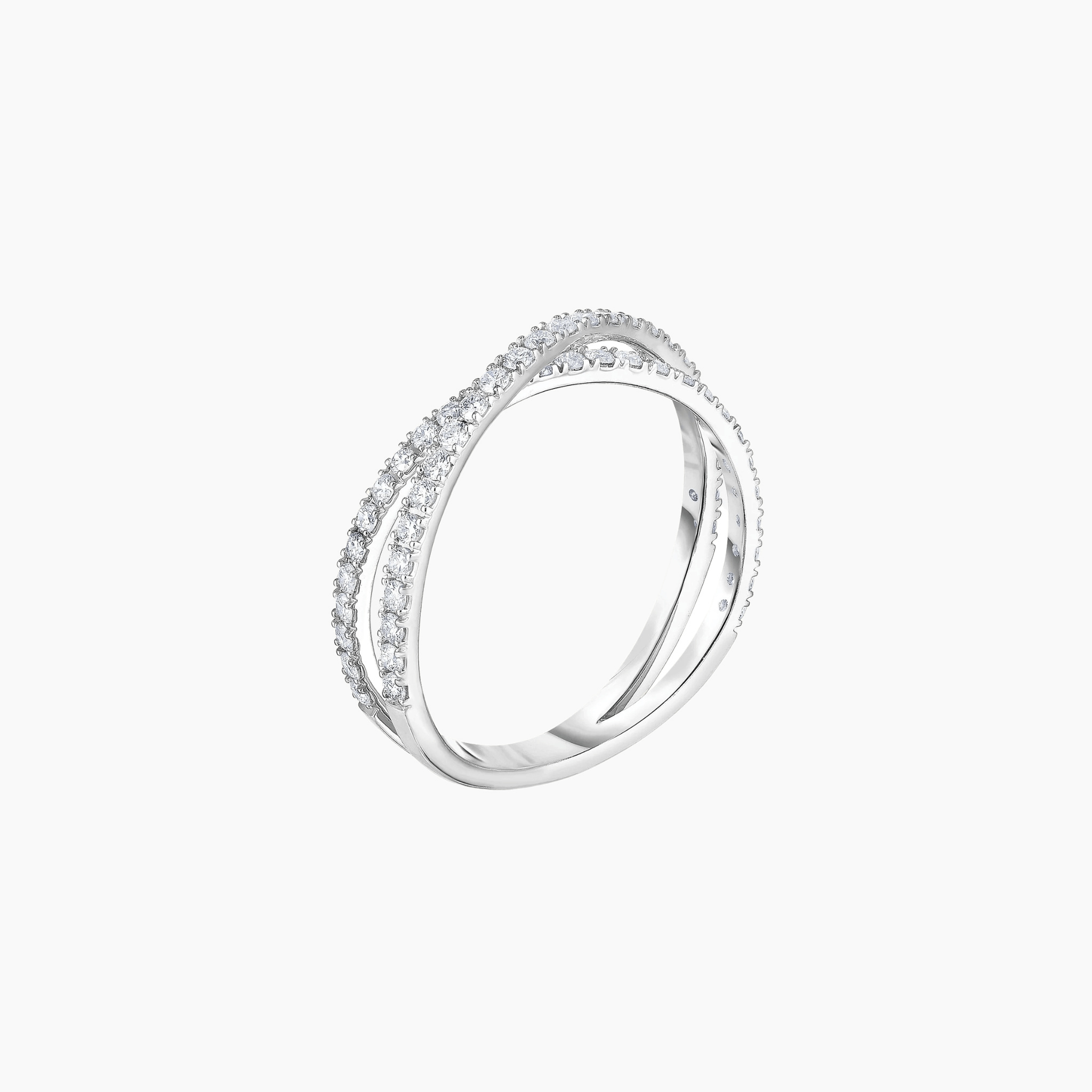 Moissanite crisscross ring in white gold vermeil, side view.