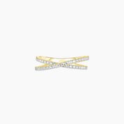 Moissanite crisscross ring in yellow gold vermeil, front view.