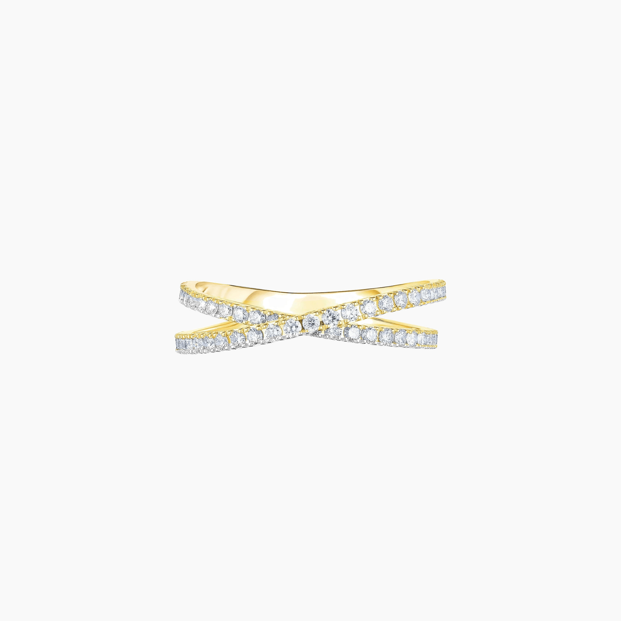 Moissanite crisscross ring in yellow gold vermeil, front view.