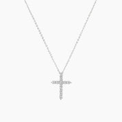 Moissanite cross necklace in white gold vermeil, full product view.