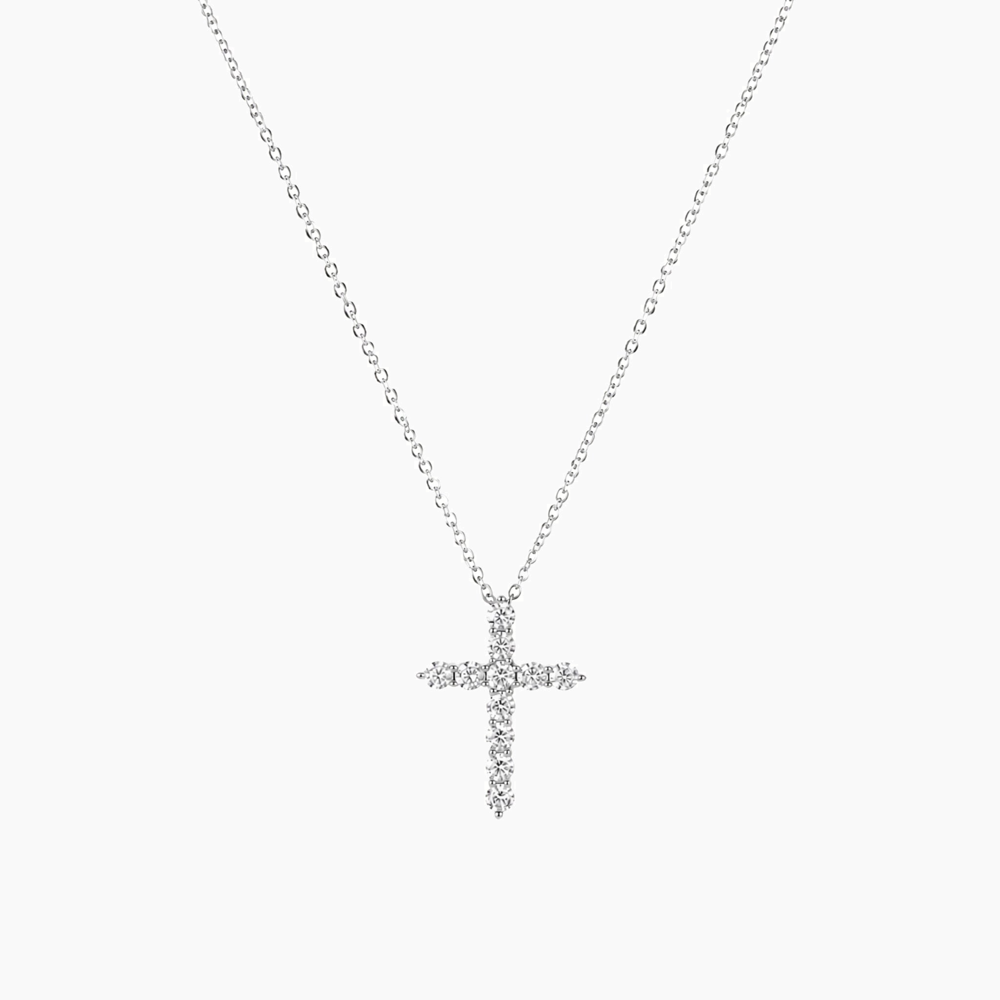 Moissanite cross necklace in white gold vermeil, full product view.