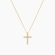 Moissanite cross necklace in yellow gold vermeil, full product view.