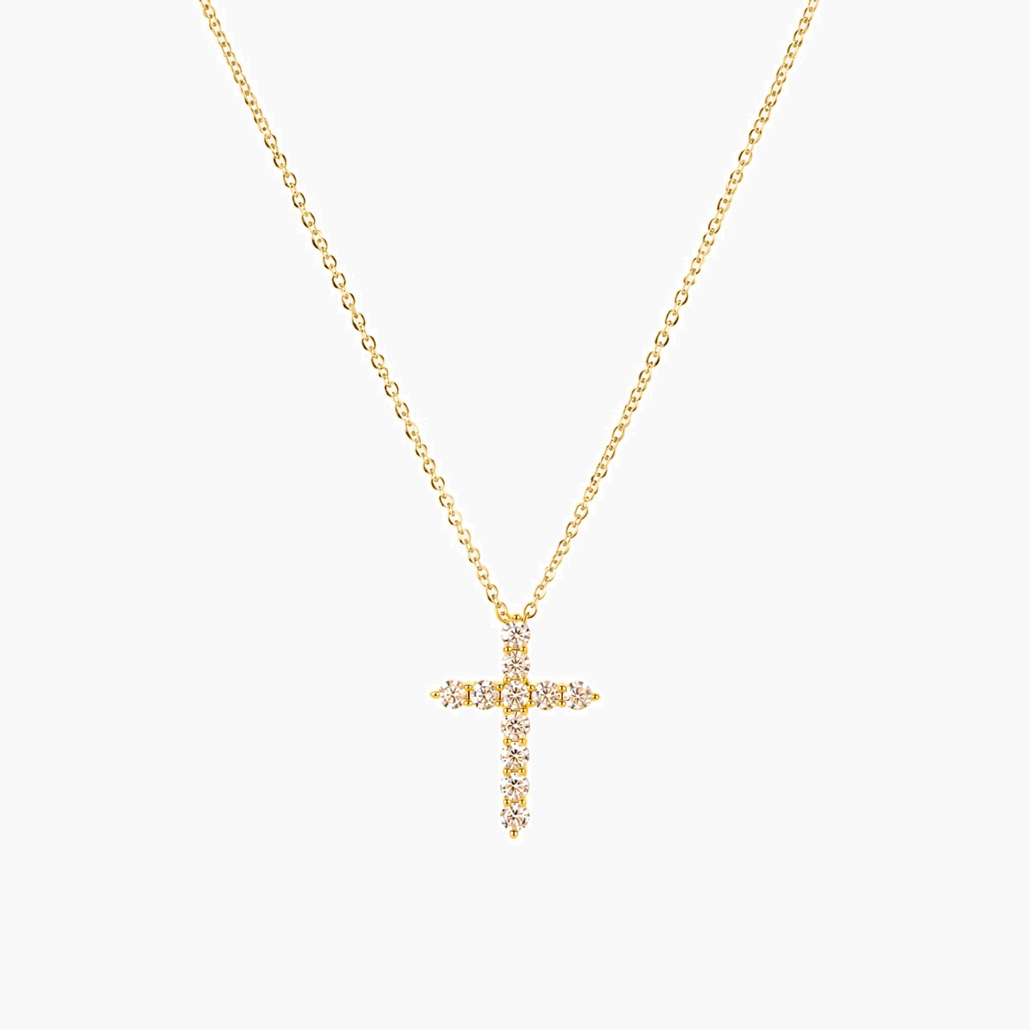 Moissanite cross necklace in yellow gold vermeil, full product view.
