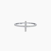 Moissanite cross ring in white gold vermeil, front view.