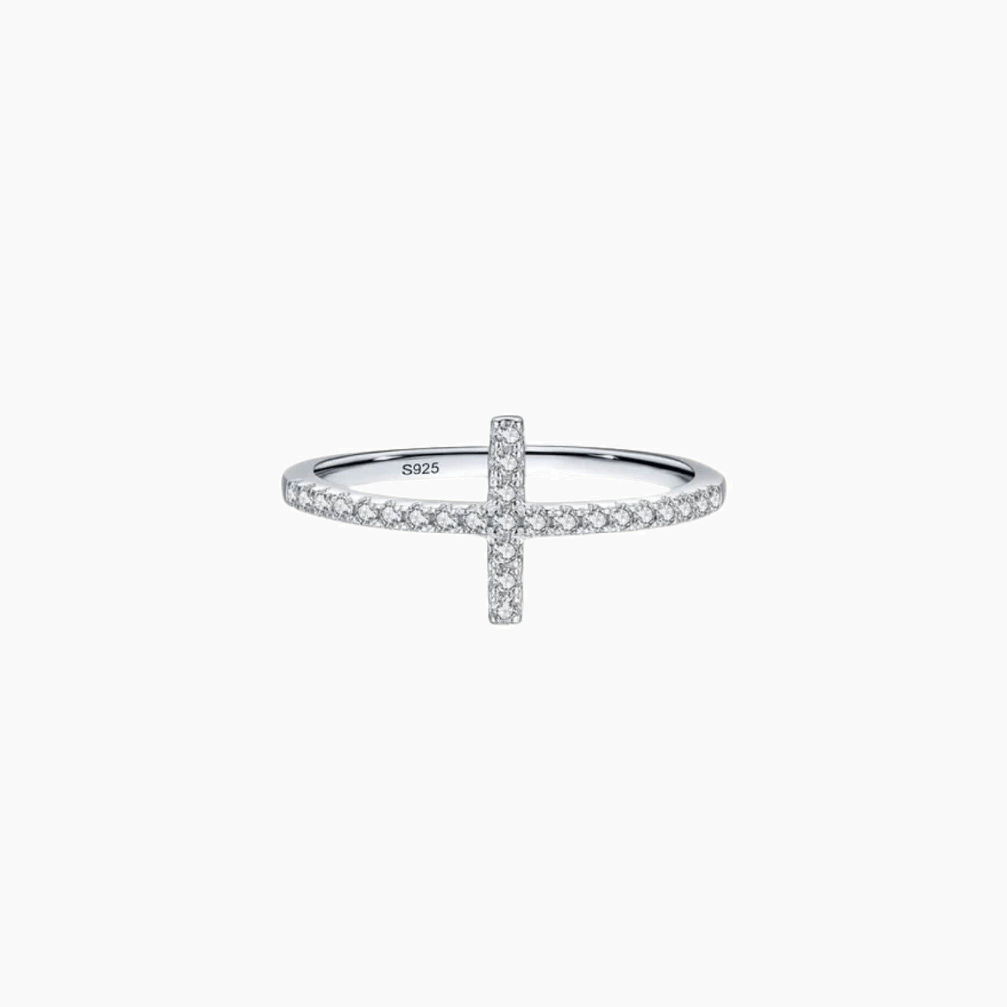 Moissanite cross ring in white gold vermeil, front view.