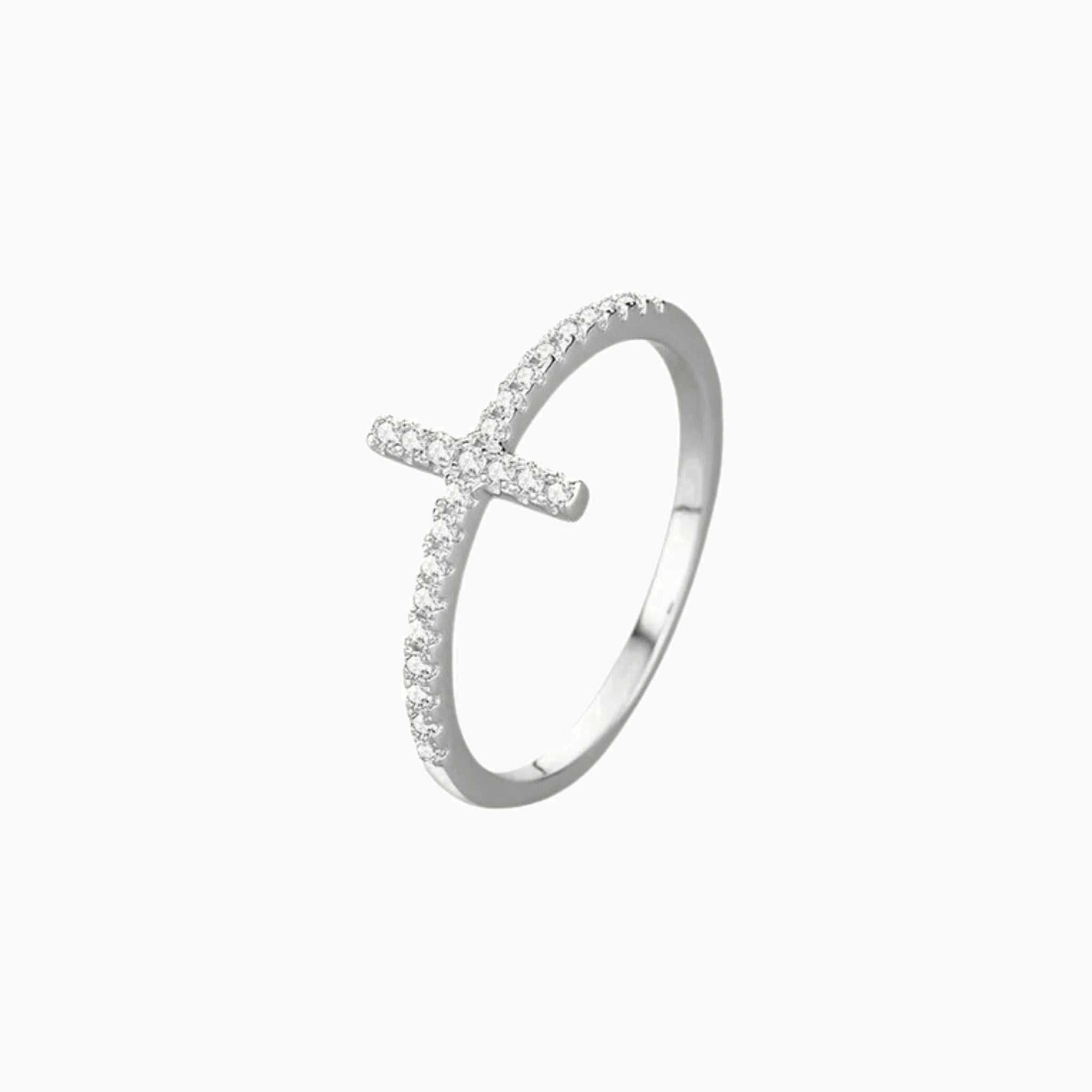 Moissanite cross ring in white gold vermeil, side view.