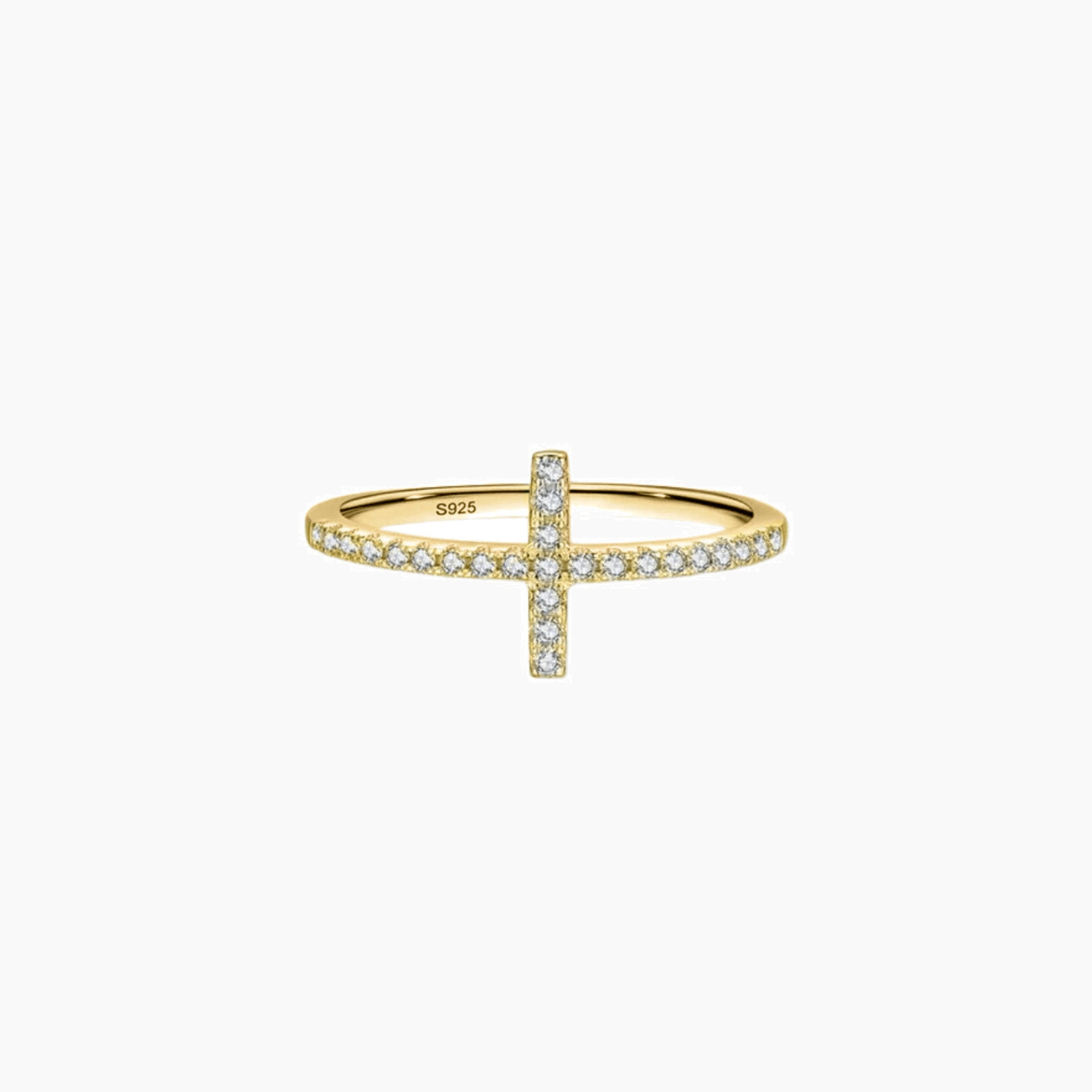 Moissanite cross ring in yellow gold vermeil, front view.