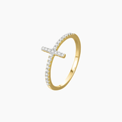 Moissanite cross ring in yellow gold vermeil, side view.
