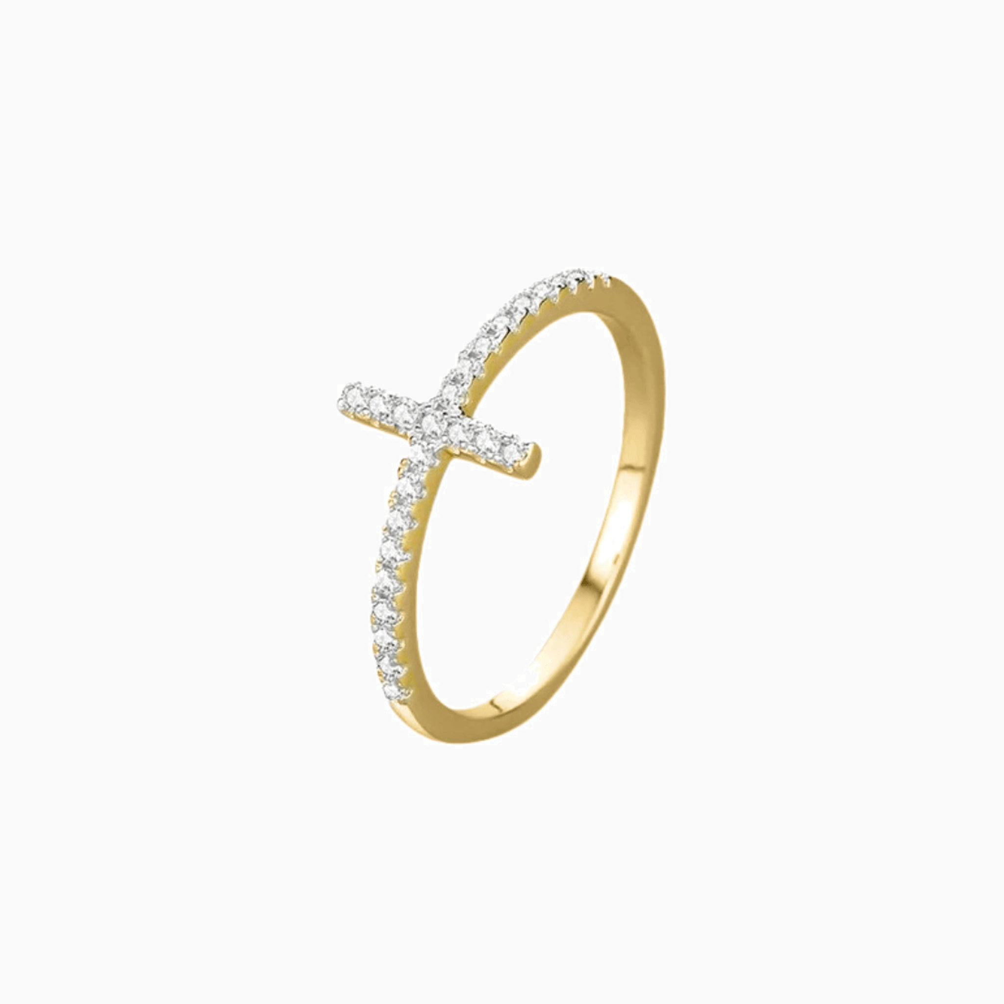 Moissanite cross ring in yellow gold vermeil, side view.