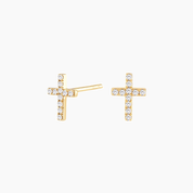 Moissanite cross stud earrings in yellow gold vermeil, front and side views.