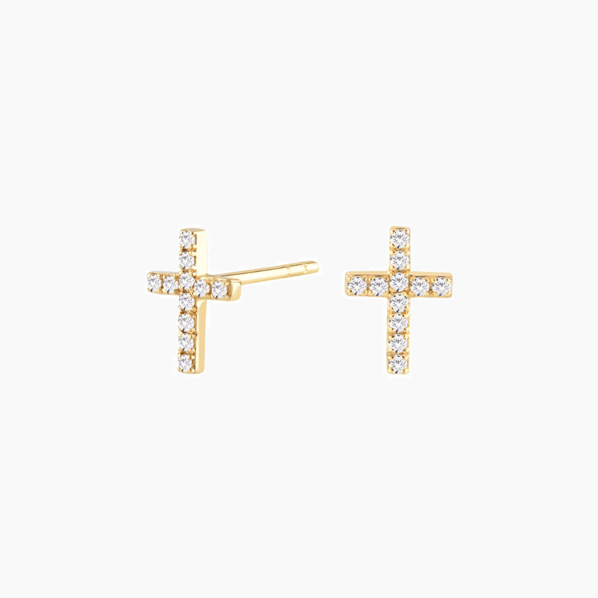 Moissanite cross stud earrings in yellow gold vermeil, front and side views.