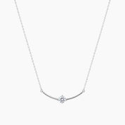Moissanite curved bar solitaire necklace in white gold vermeil, full product view.