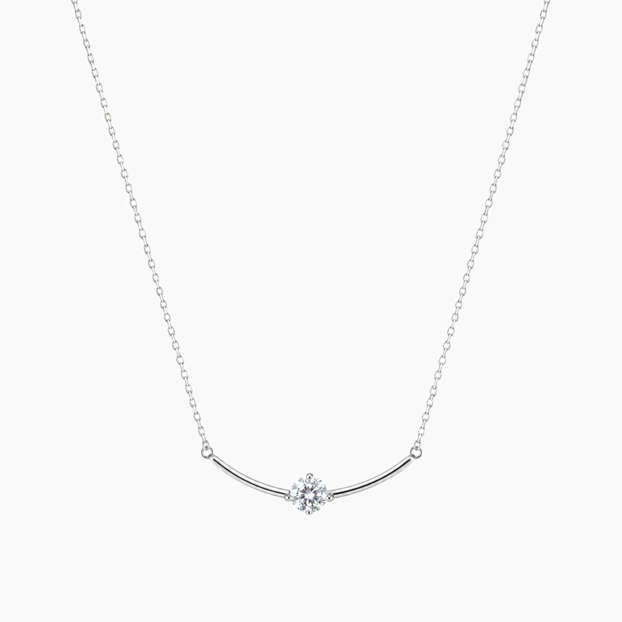 Moissanite curved bar solitaire necklace in white gold vermeil, full product view.