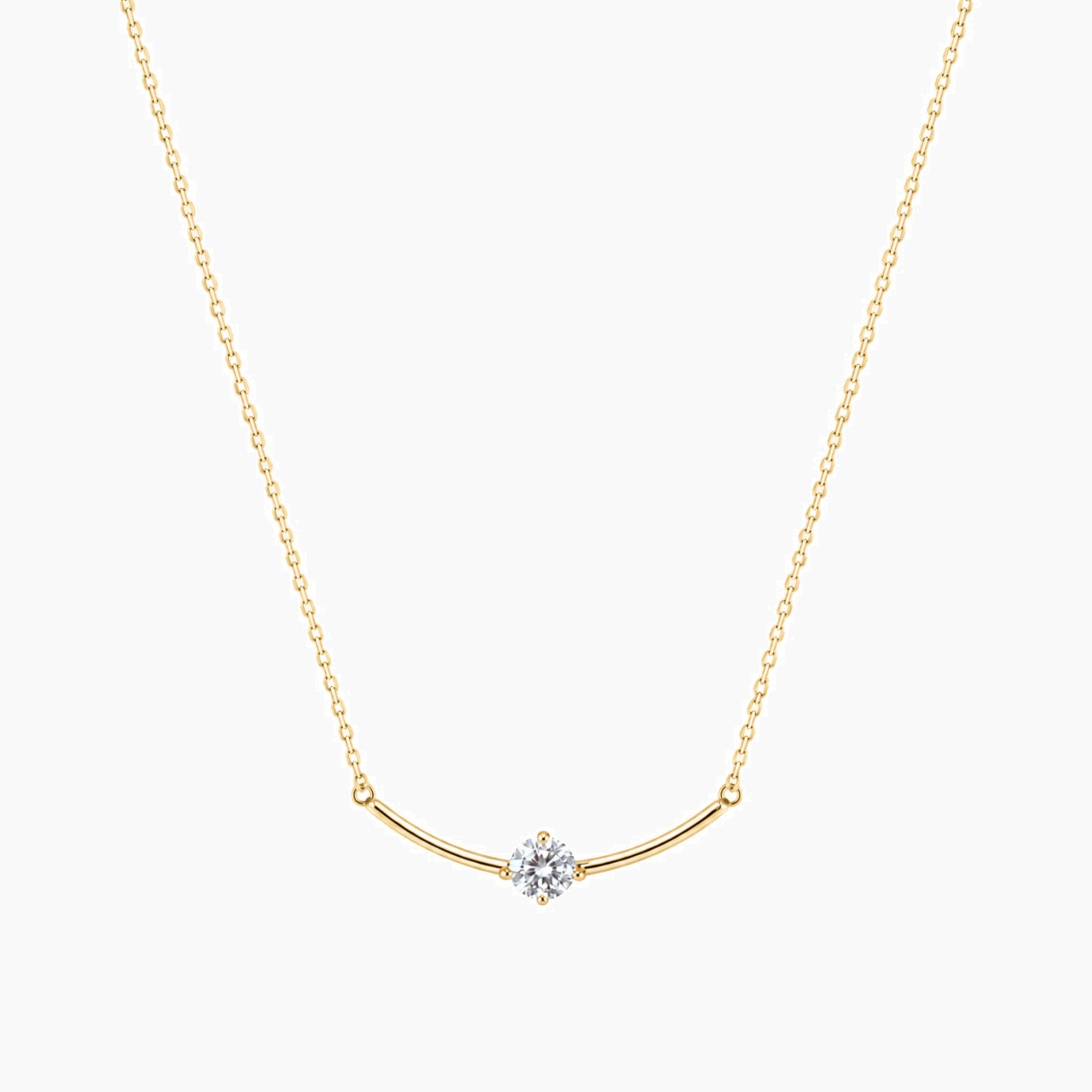 Moissanite curved bar solitaire necklace in yellow gold vermeil, full product view.