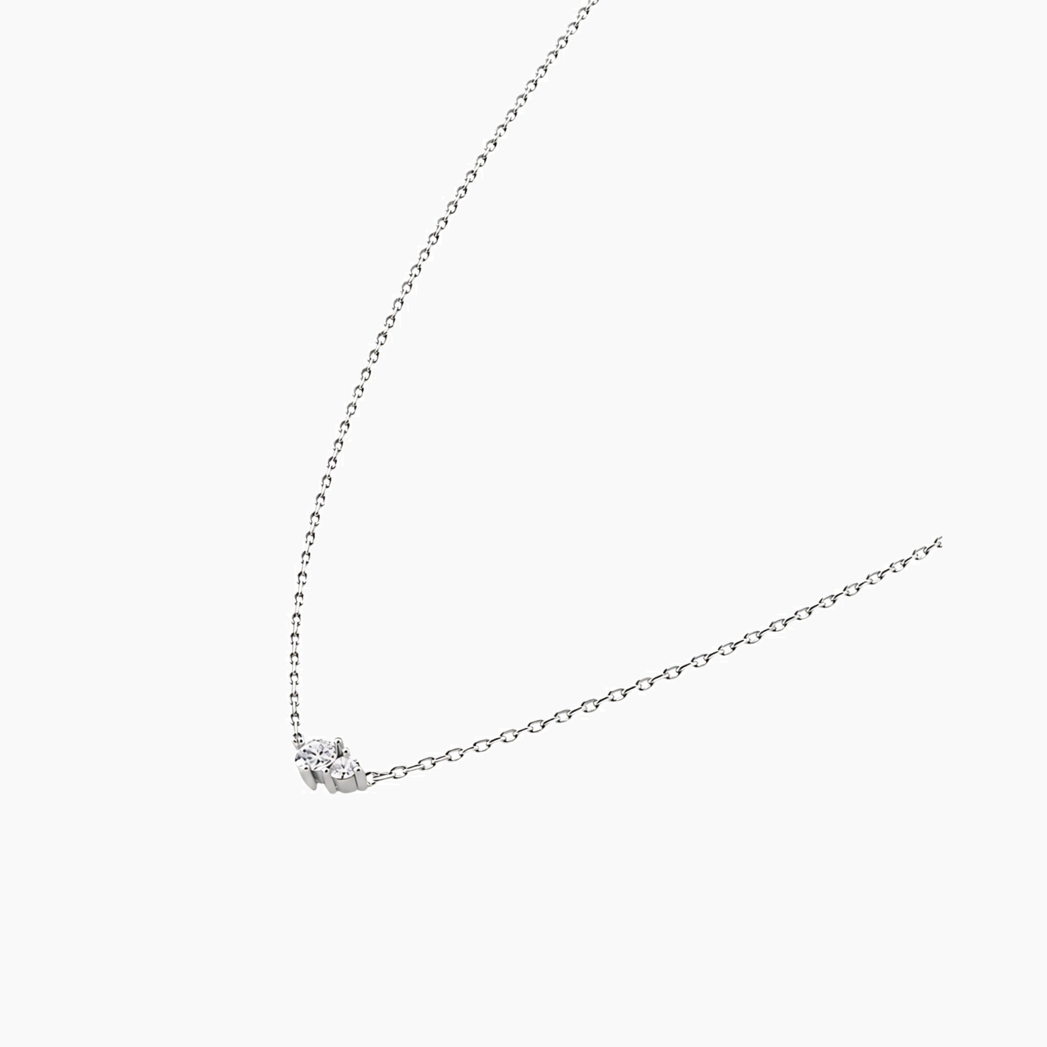 Moissanite duo necklace in white gold vermeil, side view.