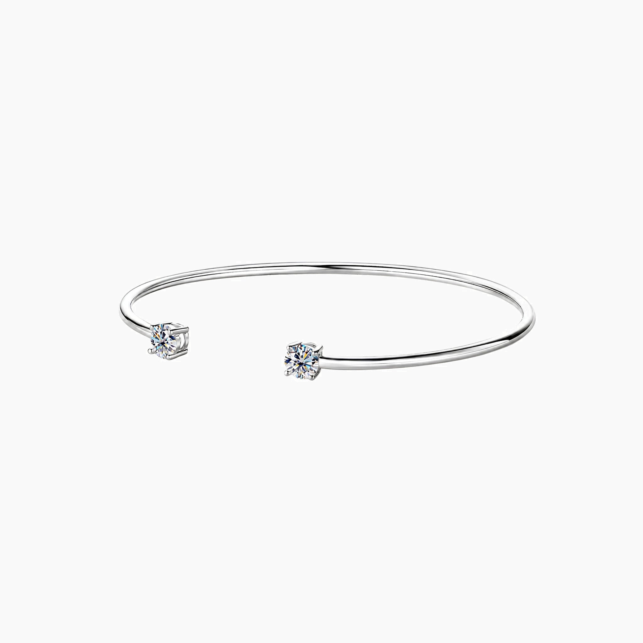 Moissanite flexible cuff bracelet in white gold vermeil, full product view.