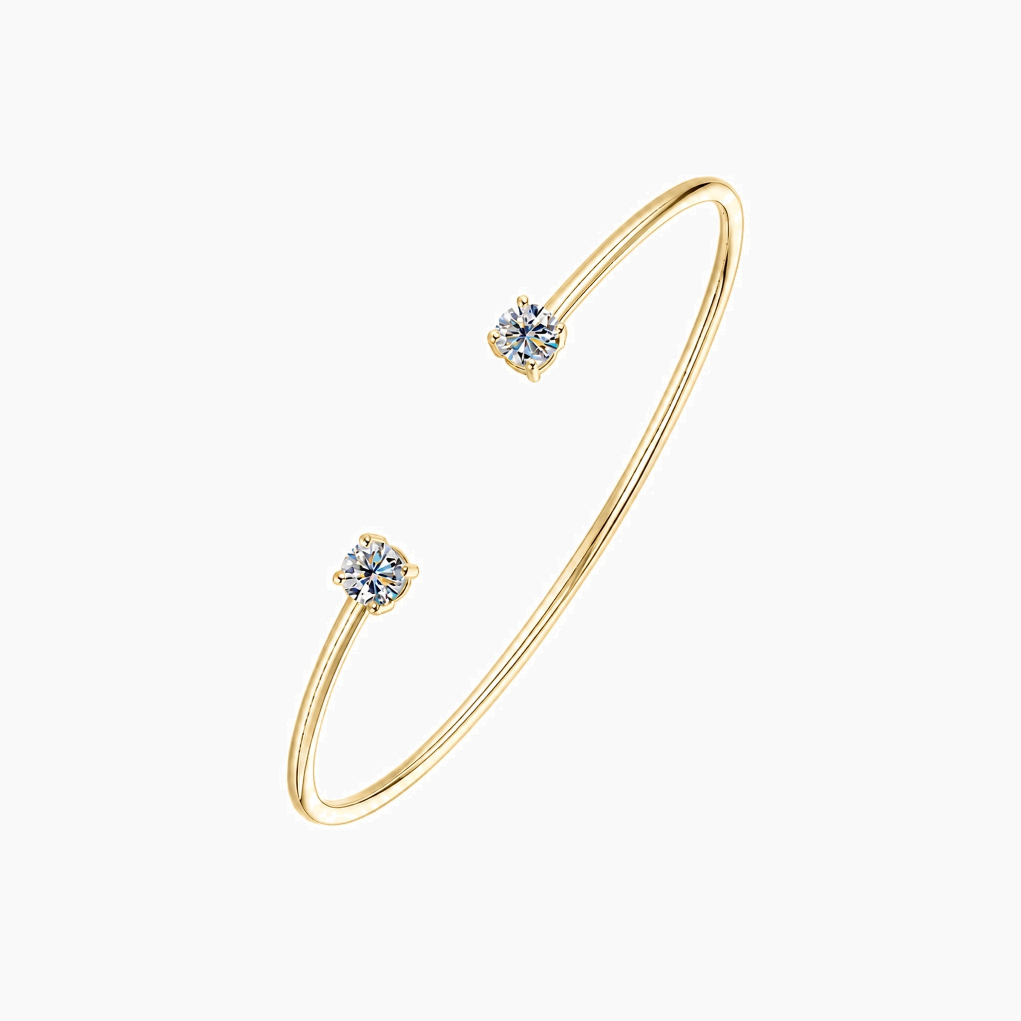 Moissanite flexible cuff bracelet in yellow gold vermeil, angled view.