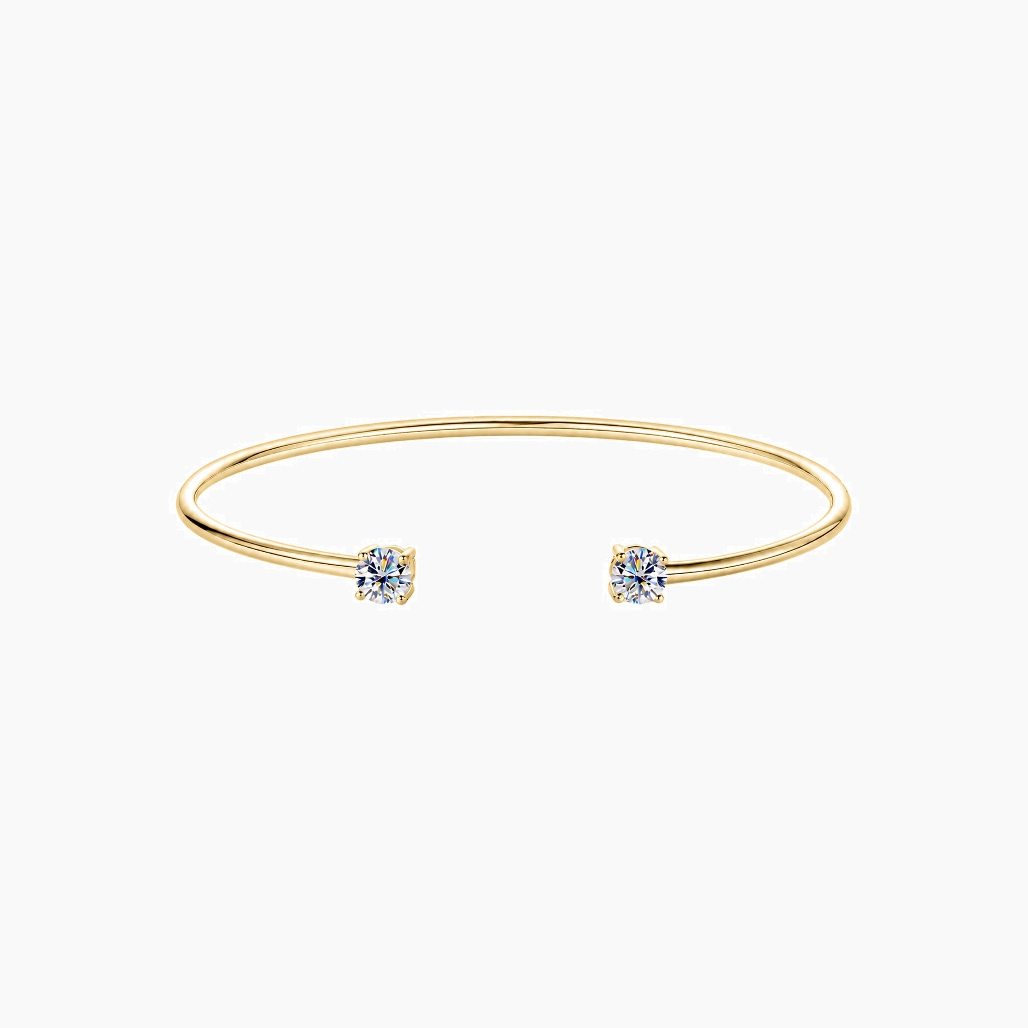 Moissanite flexible cuff bracelet in yellow gold vermeil, full product view.