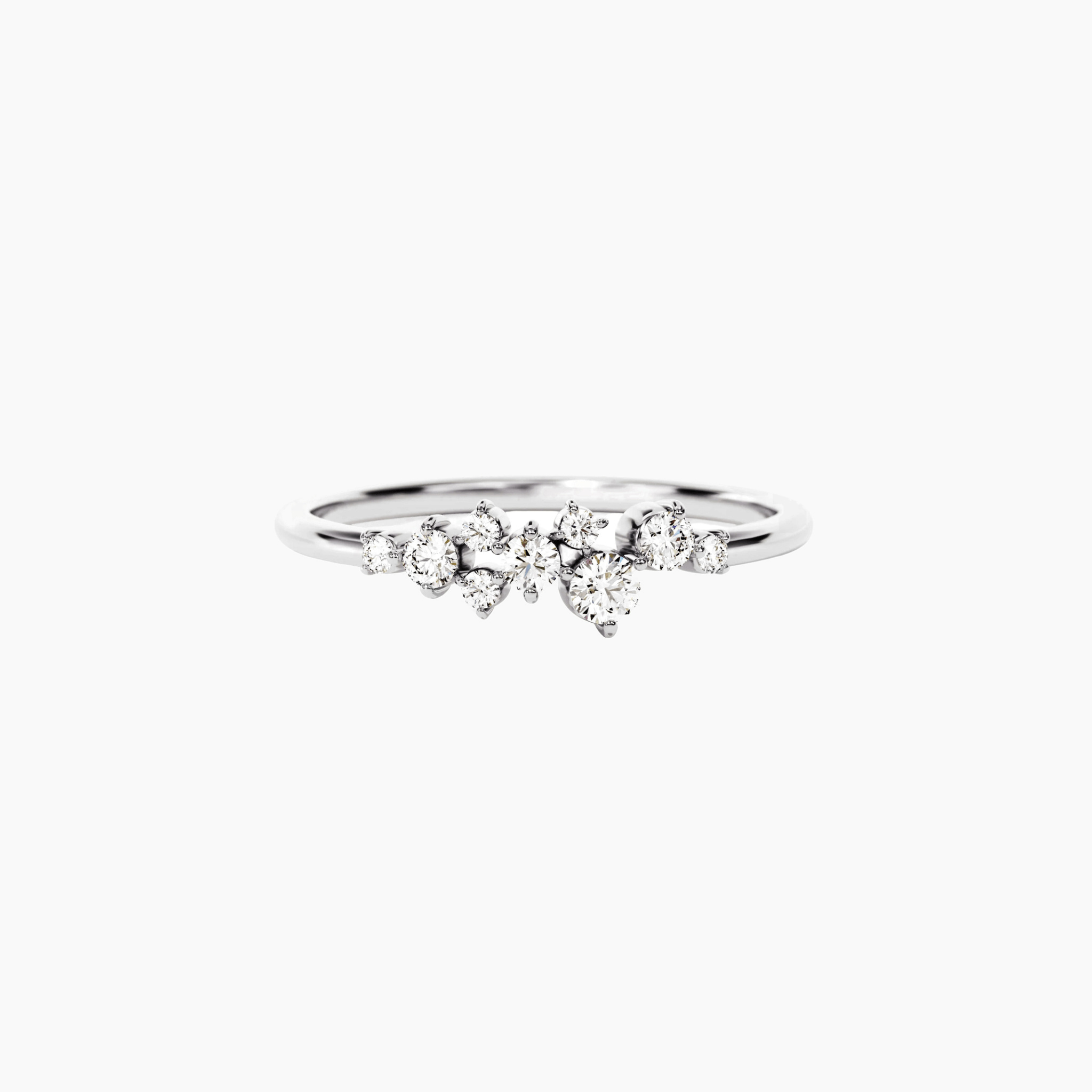 Moissanite floating cluster ring in white gold vermeil, front view.