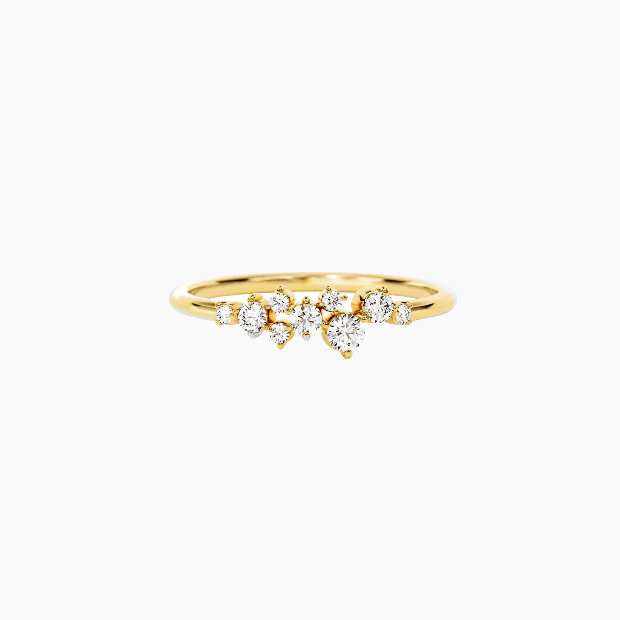 Moissanite floating cluster ring in yellow gold vermeil, front view.