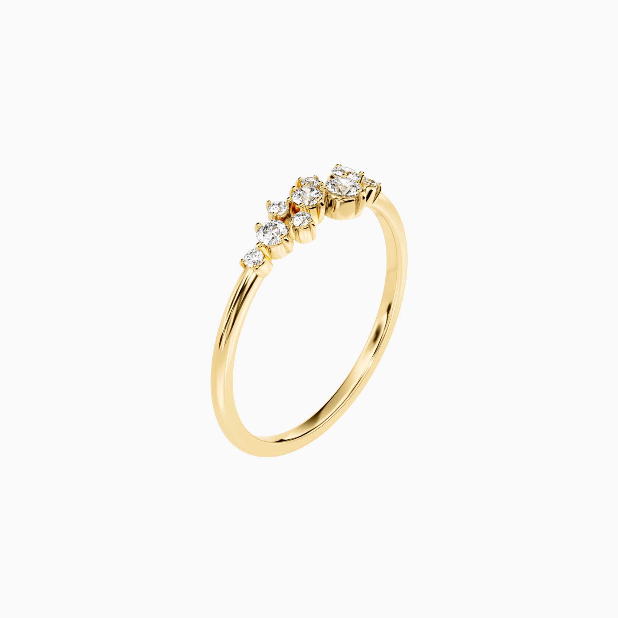 Moissanite floating cluster ring in yellow gold vermeil, side view.
