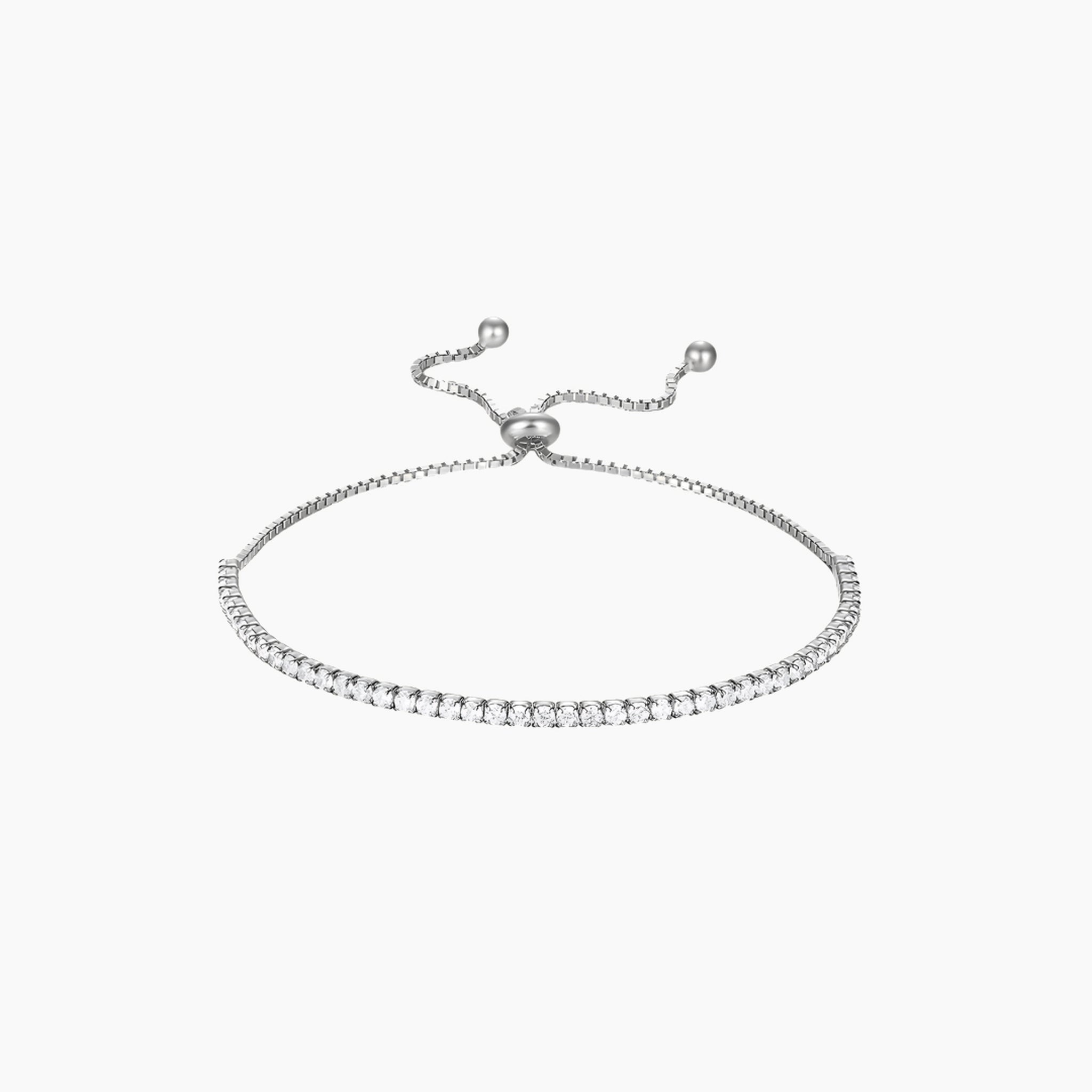 Moissanite half tennis bolo bracelet in white gold vermeil, full product view.