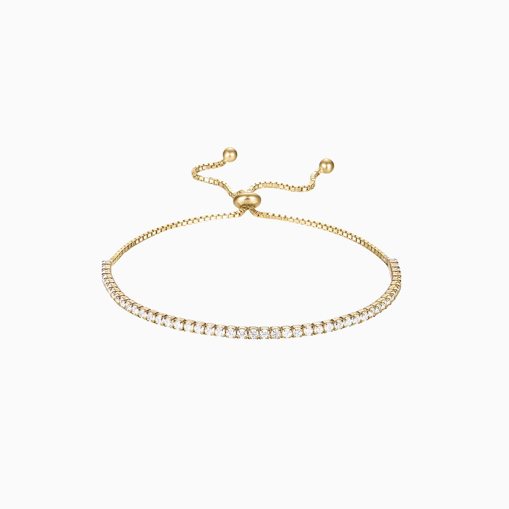 Moissanite half tennis bolo bracelet in yellow gold vermeil, full product view.