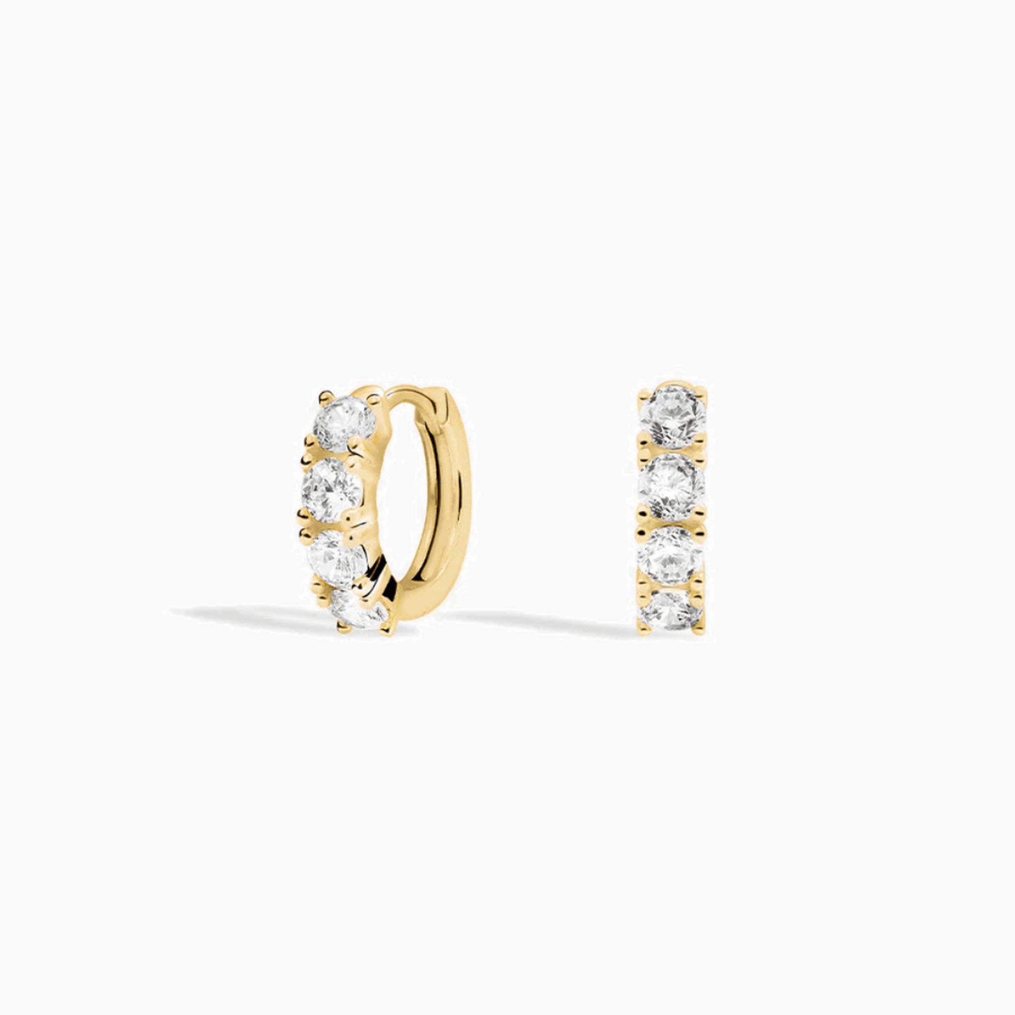 Moissanite huggie hoop earrings in yellow gold vermeil, front and side views.