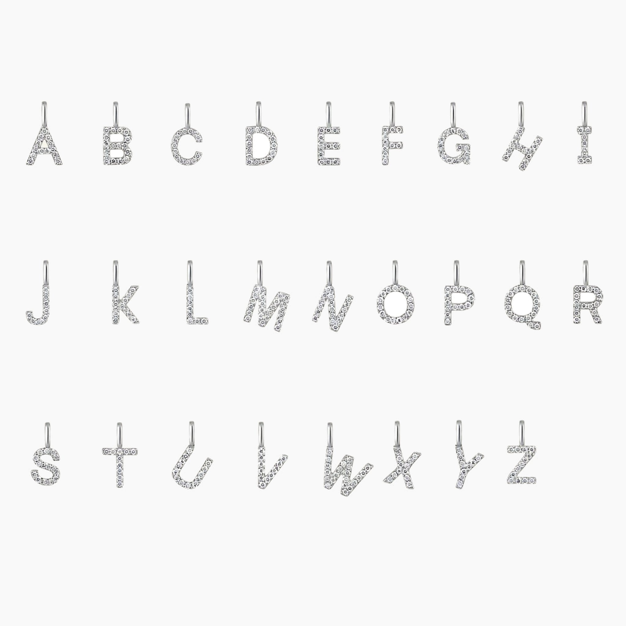 Moissanite initial necklace in white gold vermeil, alphabet pendant options.