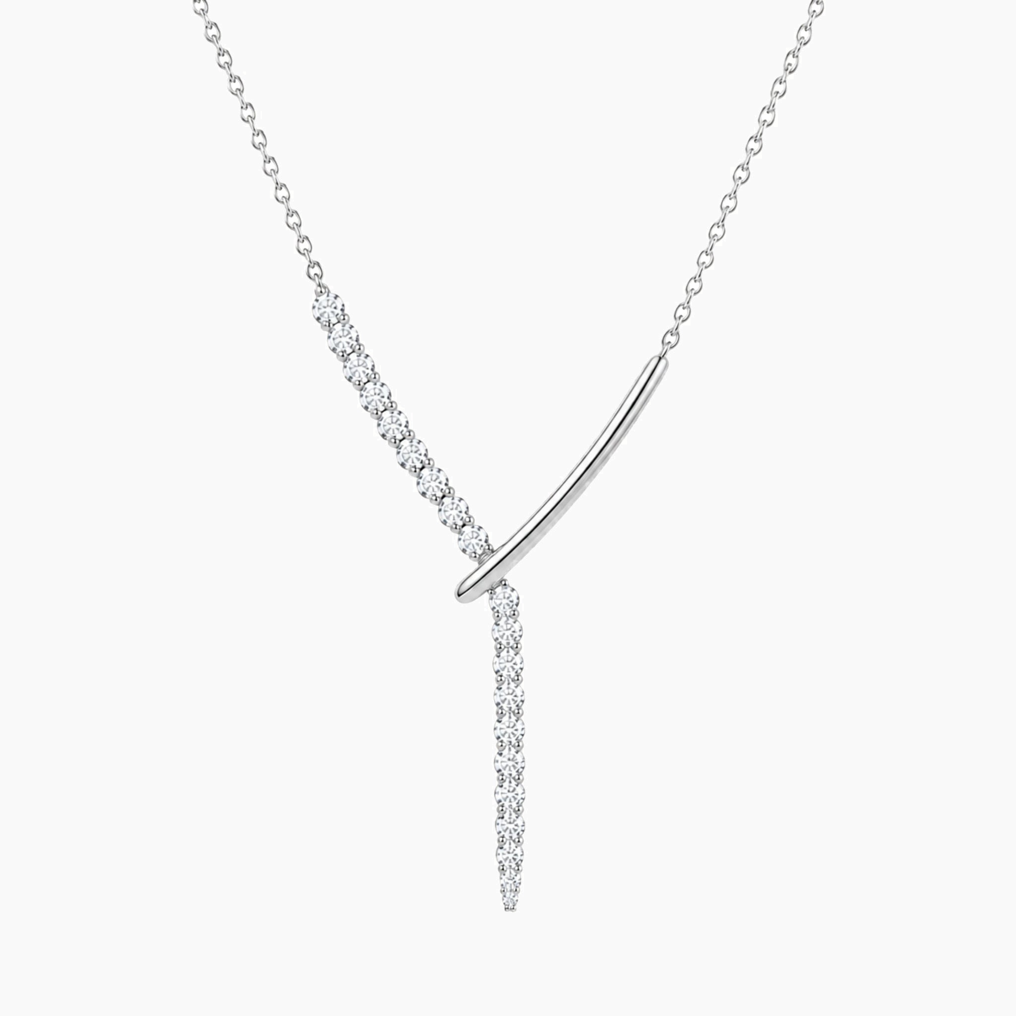Moissanite lariat necklace in white gold vermeil, full product view.