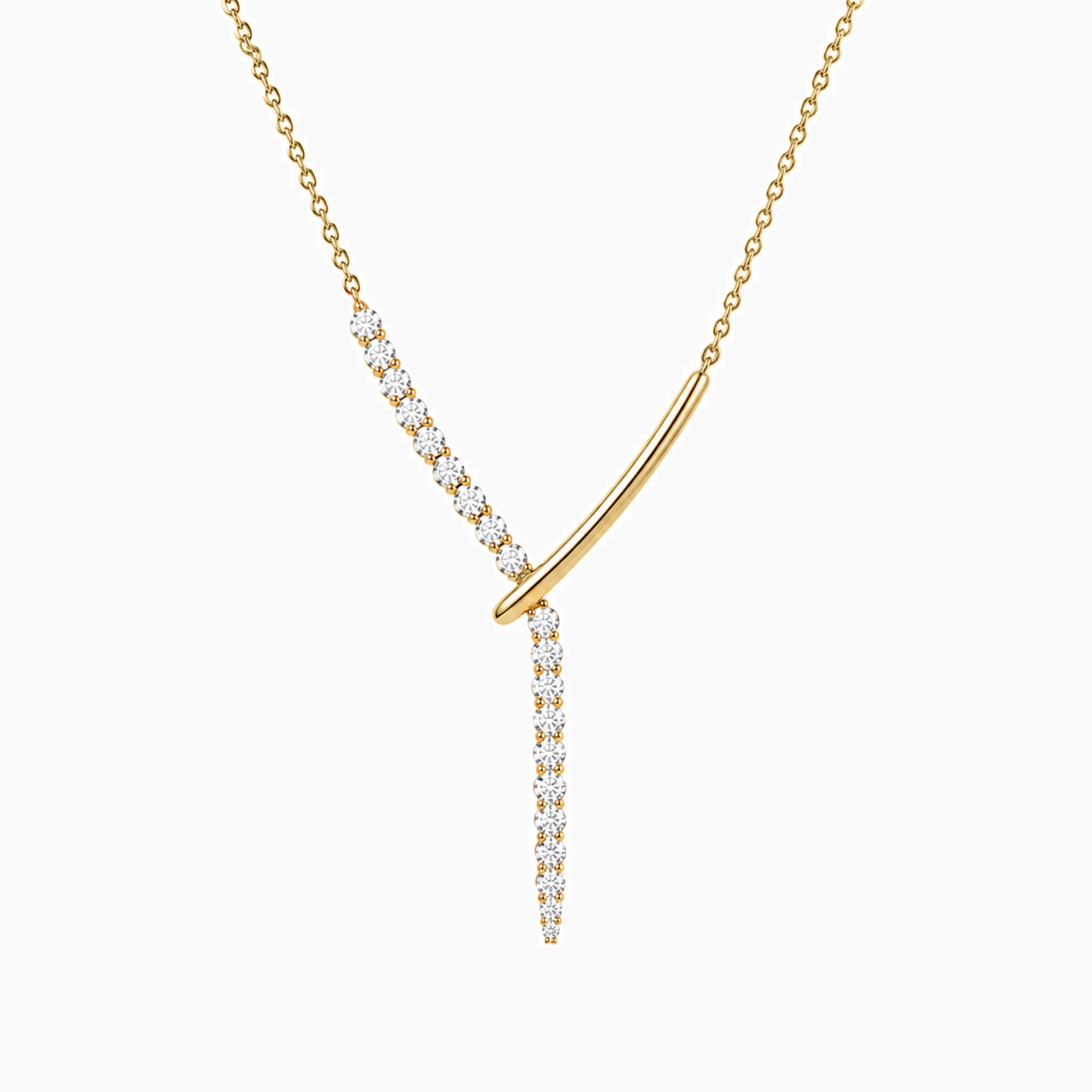 Moissanite lariat necklace in yellow gold vermeil, full product view.