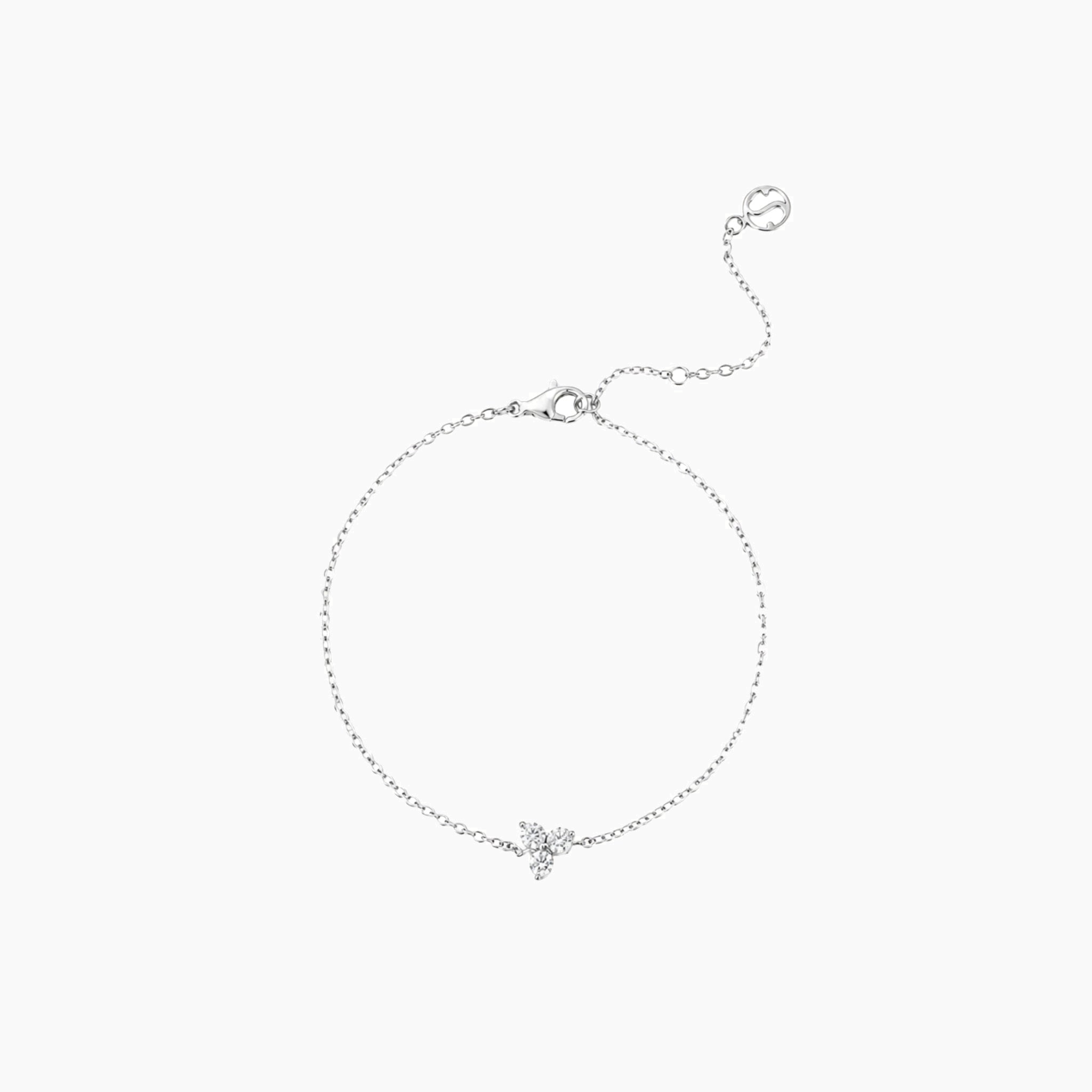 Moissanite lotus bracelet in white gold vermeil, full product view.
