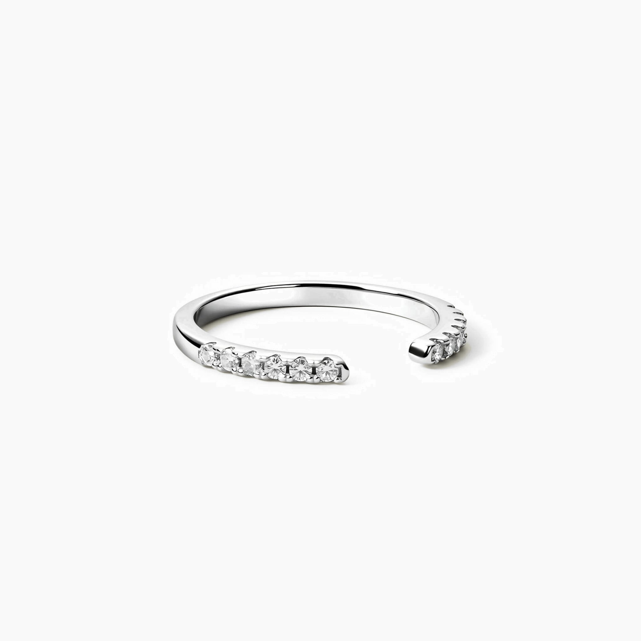 Moissanite open ring in white gold vermeil, front view.