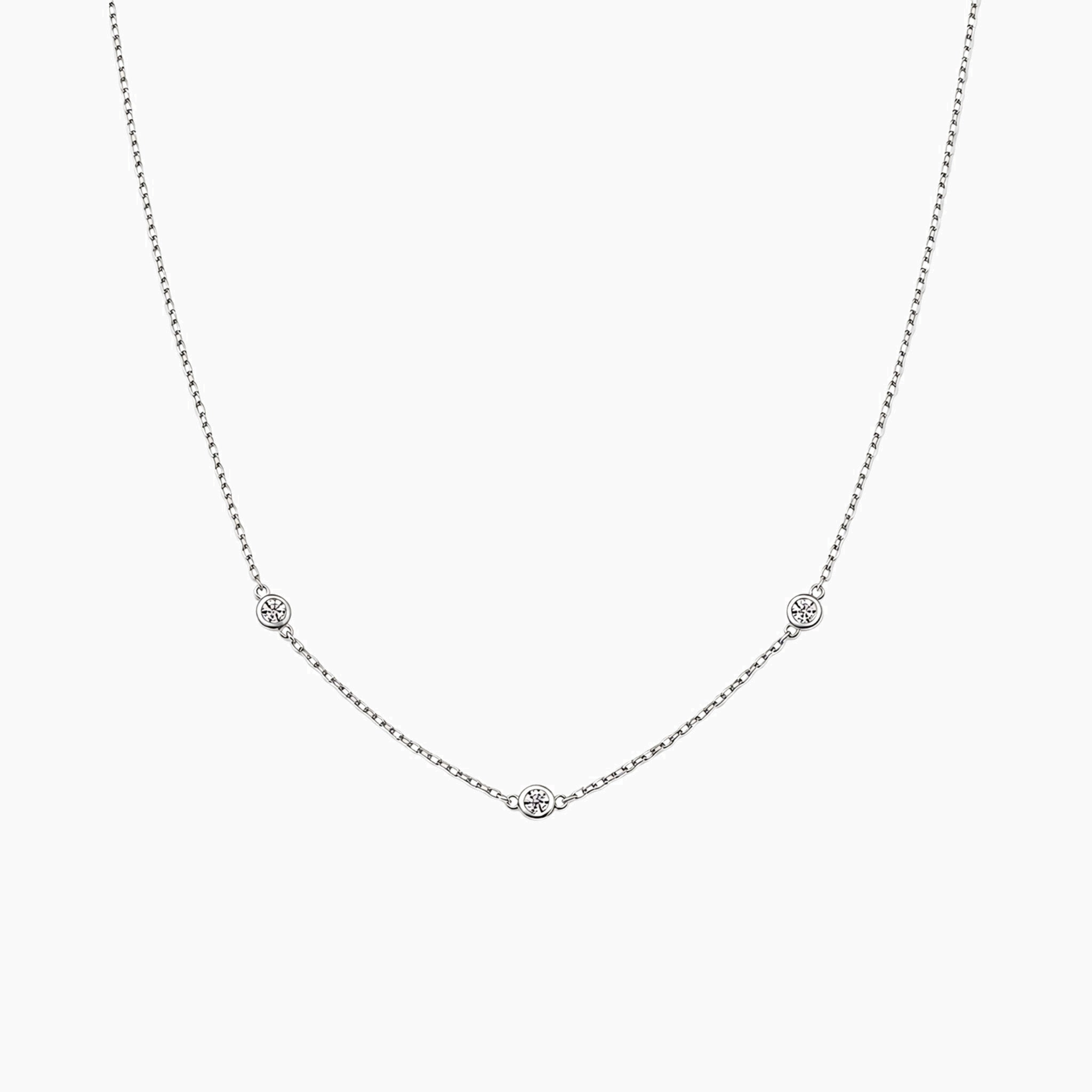 Moissanite satellite necklace in white gold vermeil, front view.