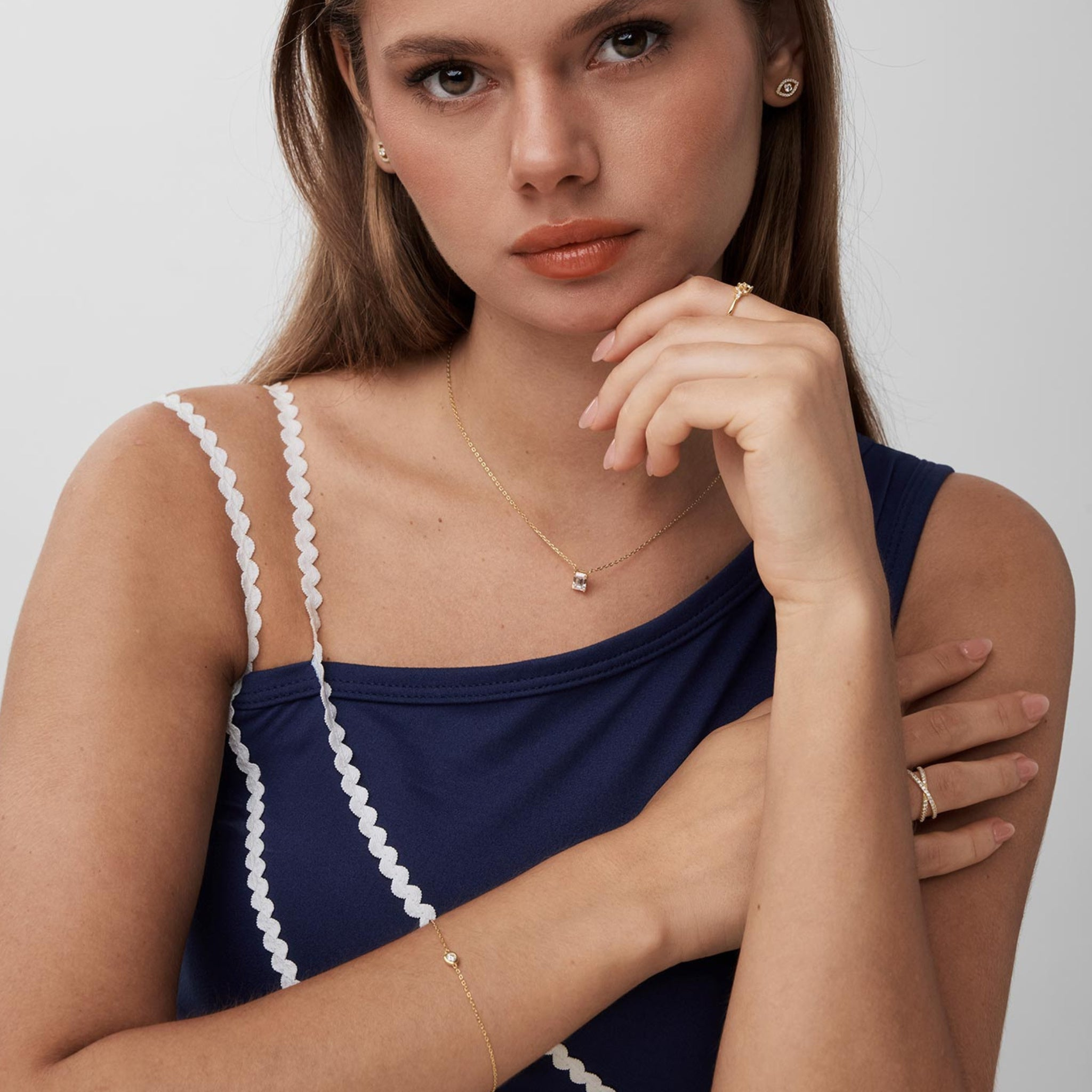 Moissanite solitaire bracelet worn on the wrist.