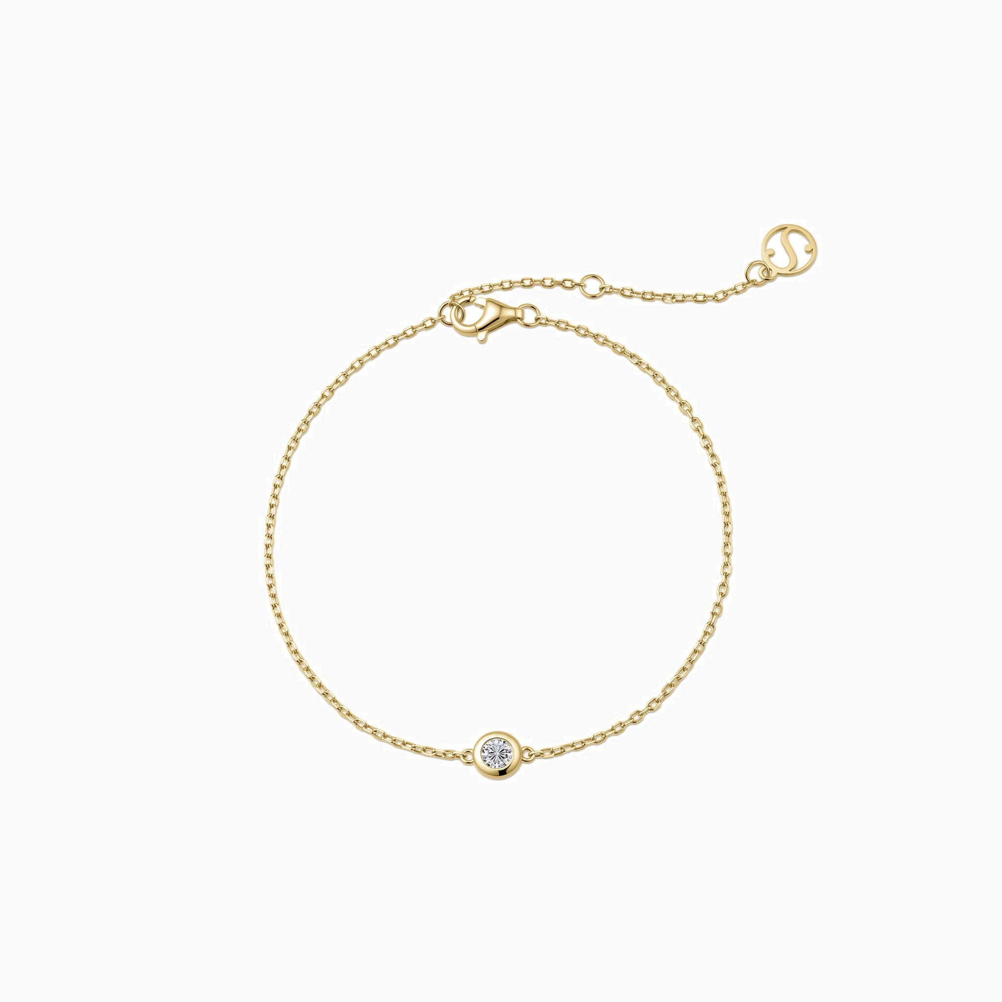 Moissanite solitaire bracelet in yellow gold vermeil, full product view.