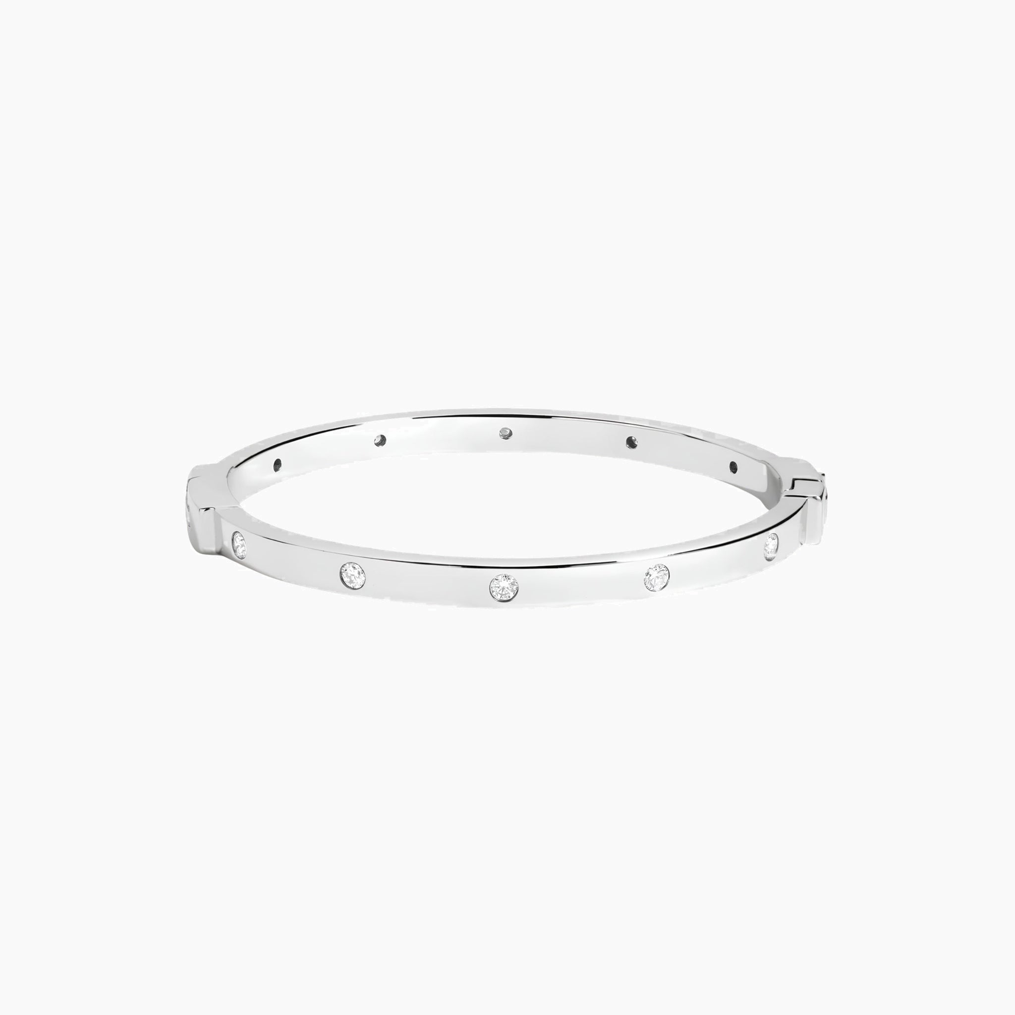 Moissanite station bangle bracelet in white gold vermeil, front view.