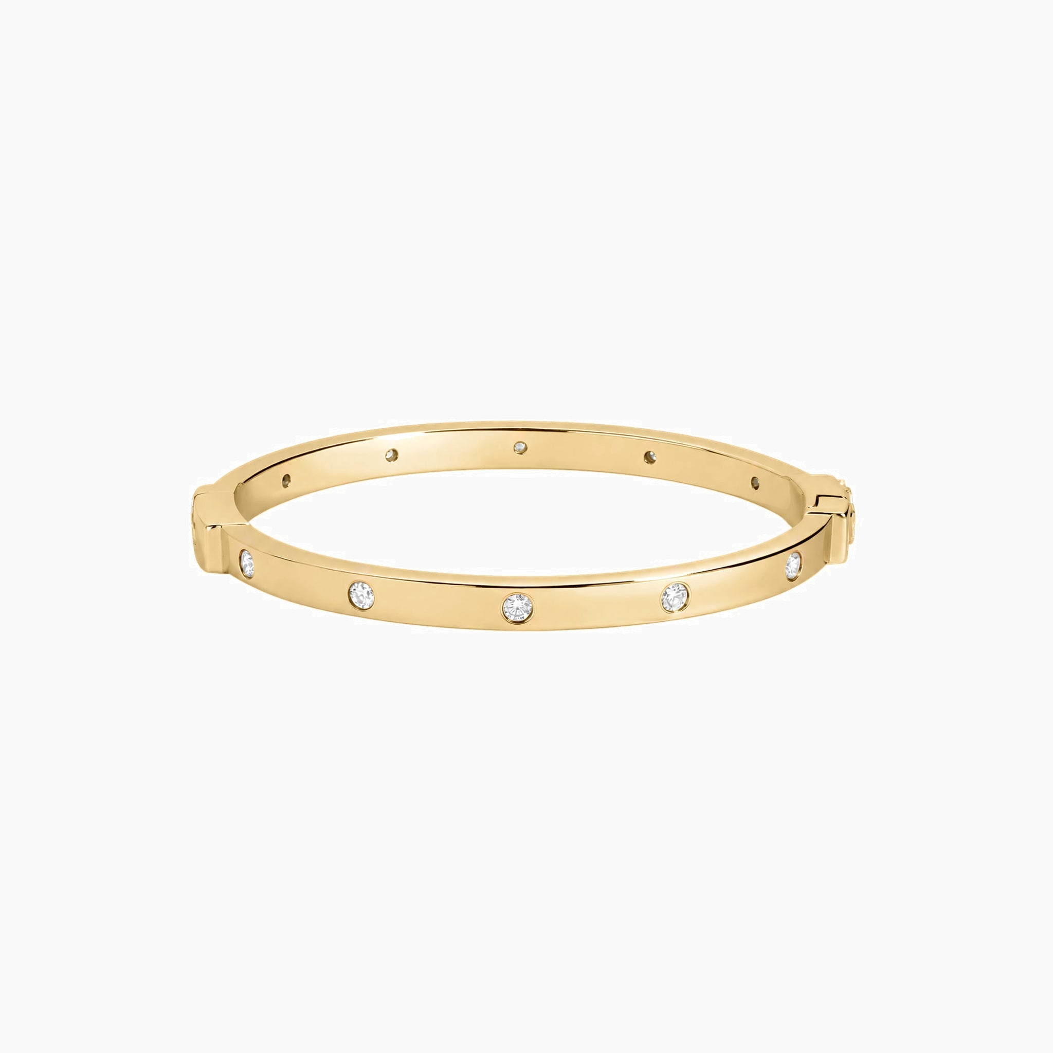 Moissanite station bangle bracelet in yellow gold vermeil, front view.