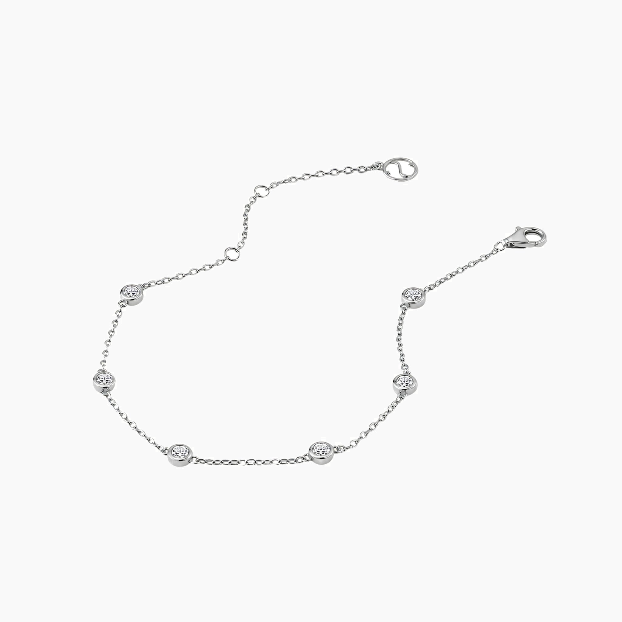 Moissanite station bracelet in white gold vermeil, open view showing the closure.