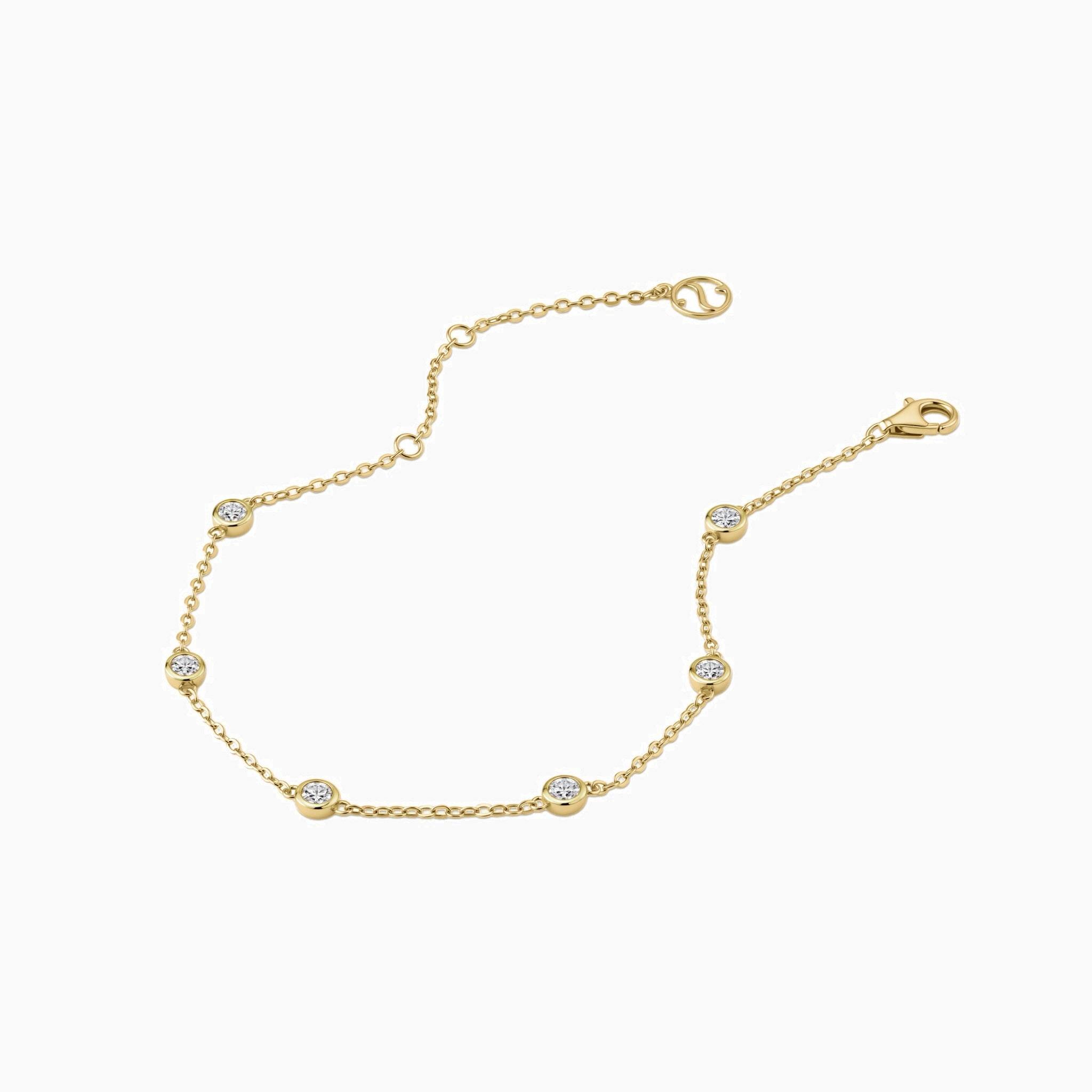 Moissanite station bracelet in yellow gold vermeil, open view showing the closure.