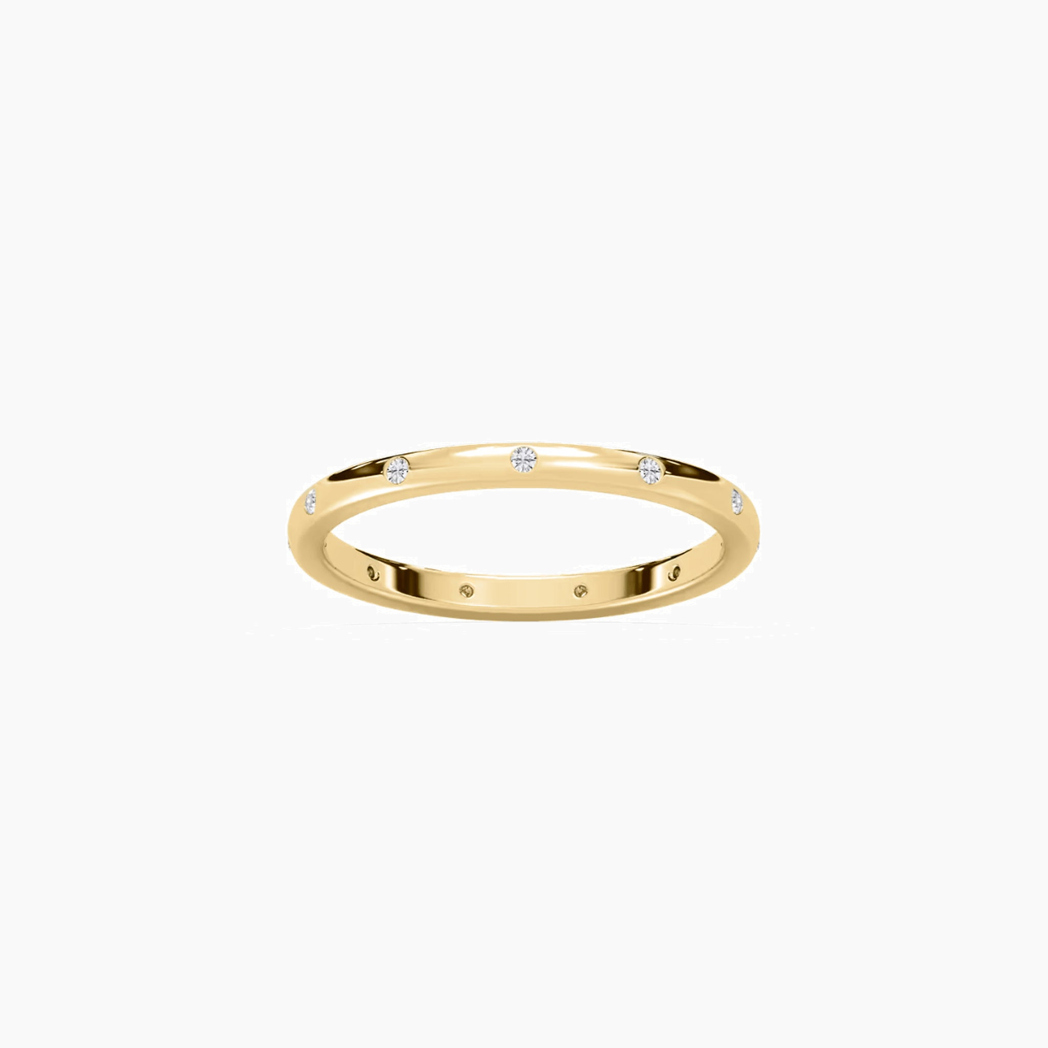 Moissanite station ring in yellow gold vermeil, front view.