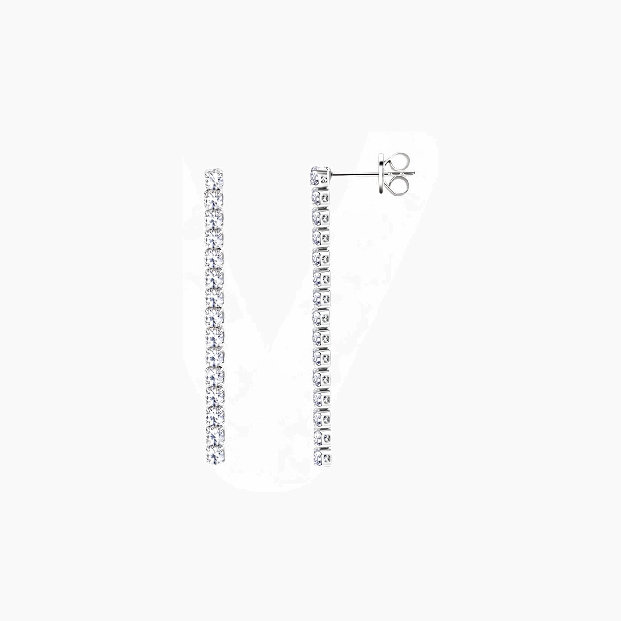 Moissanite tennis drop earrings in white gold vermeil, front and side views.