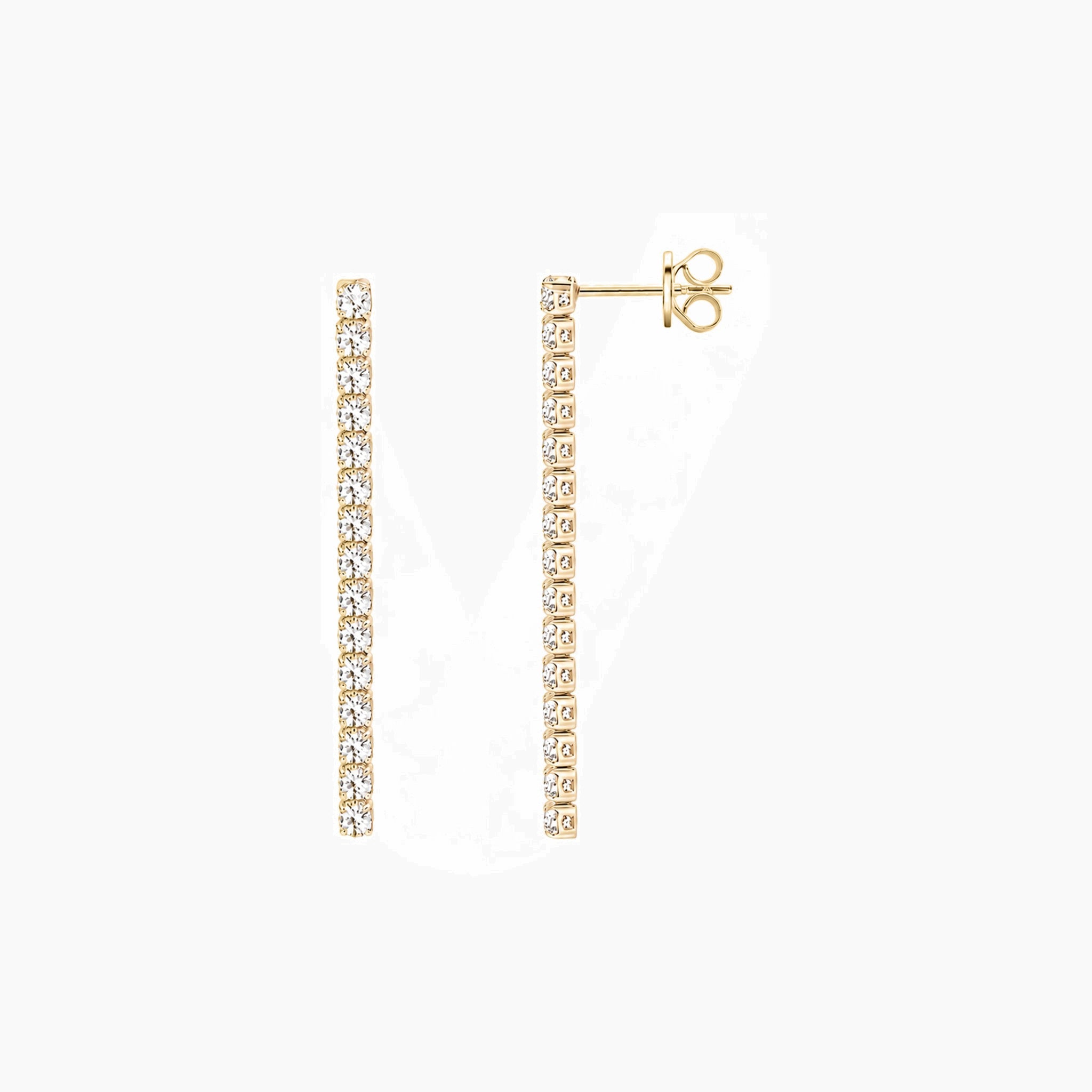 Moissanite tennis drop earrings in yellow gold vermeil, front and side views.