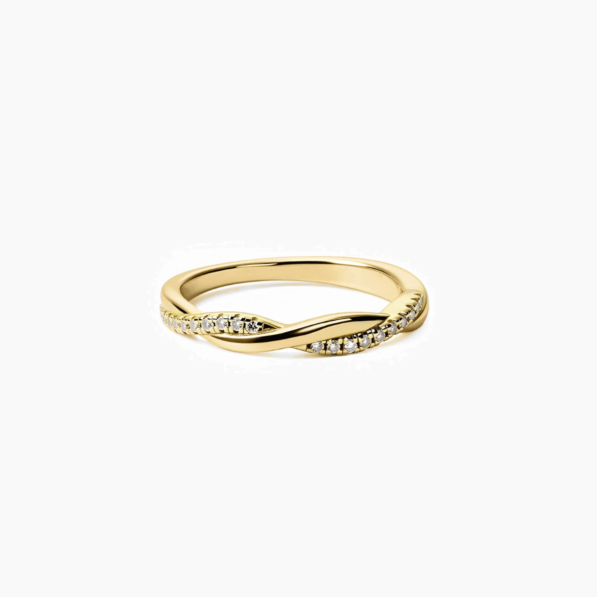 Moissanite twisted ring in yellow gold vermeil, front view.