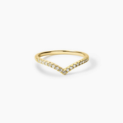 Moissanite v-shaped ring in yellow gold vermeil, front view.