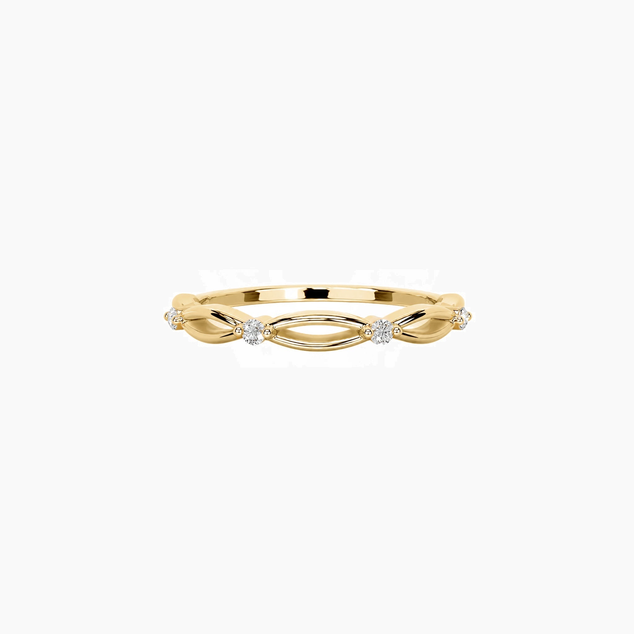Moissanite vine ring in yellow gold vermeil, front view.