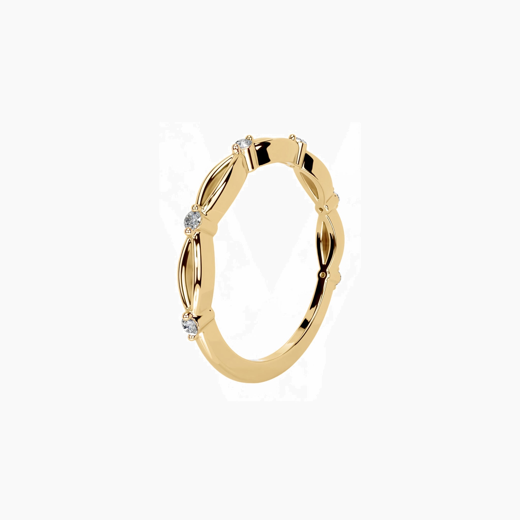 Moissanite vine ring in yellow gold vermeil, side view.