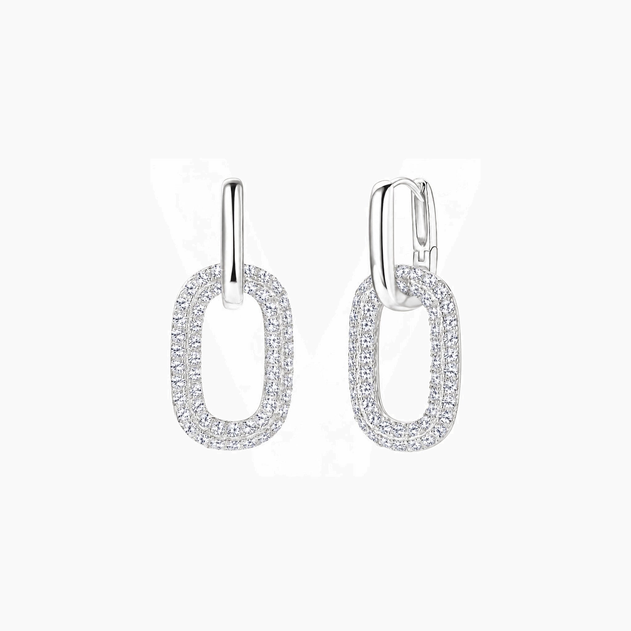 Multiway bold pavé moissanite link earrings in white gold vermeil, front and side views.