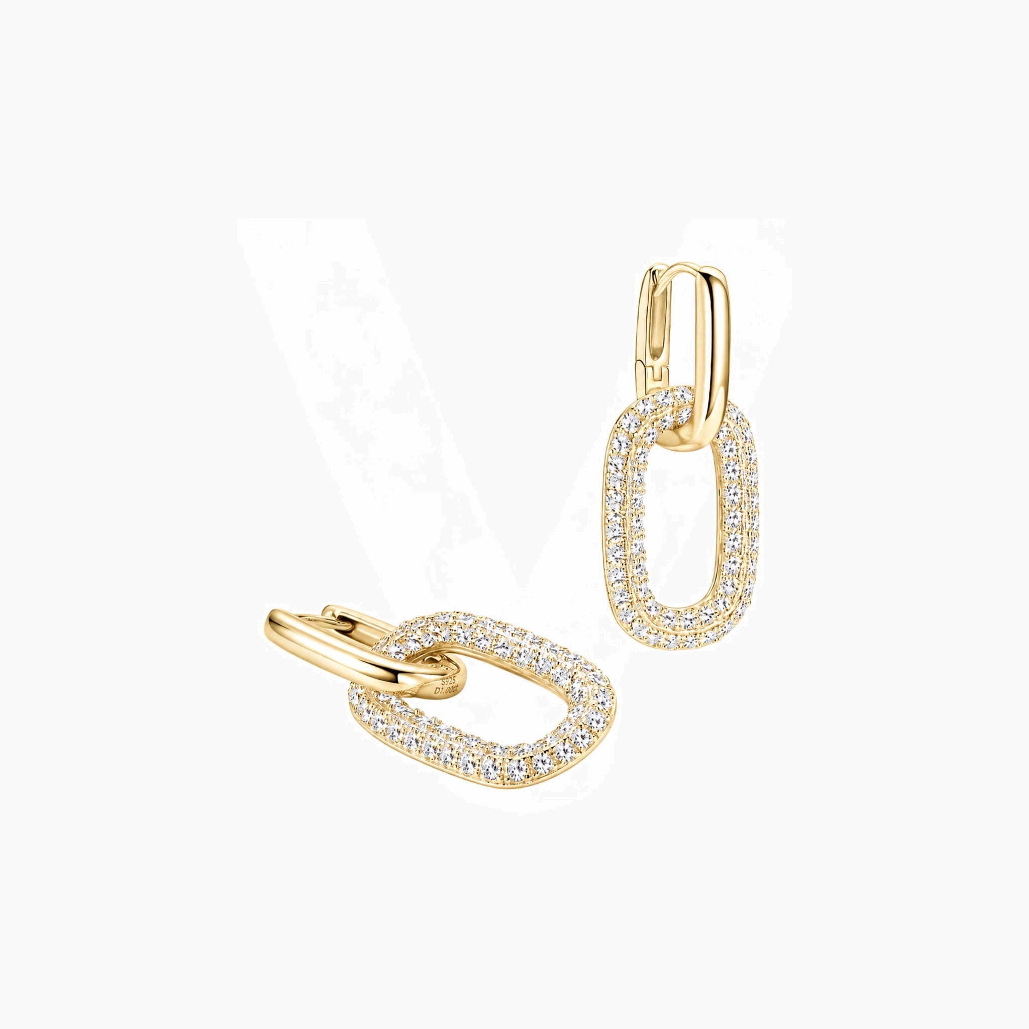 Multiway bold pavé moissanite link earrings in yellow gold vermeil, angled view.